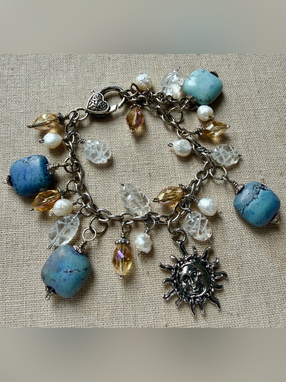 Sunburst Charm Bracelet with Turquoise, Pearl & Crystal Beads